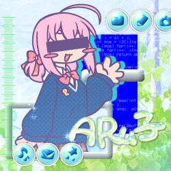  1girl ahoge aruko_okara blue_screen_of_death blush_stickers censored censored_identity character_name clover drop_shadow frutiger_aero highres icon_(computing) indie_virtual_youtuber long_hair long_sleeves looking_at_viewer open_mouth pink_hair plaid_clothes plaid_skirt school_uniform skirt sleeves_past_wrists solo virtual_youtuber waving yuzuhamaru 