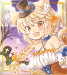  1girl :d animal_ears artist_name bat_(animal) black_headwear blonde_hair braid braided_ponytail cat_ears circle_name clouds cloudy_sky criss-cross_halter dated fang frilled_shirt frills graveyard halloween halterneck hat highres jack-o&#039;-lantern_hat_ornament leaning_forward long_hair looking_at_viewer marker_(medium) minami_kawa mini_hat mini_top_hat night night_sky off-shoulder_shirt off_shoulder open_mouth orange_eyes original outdoors shirt signature single_braid sky smile solo top_hat traditional_media underbust upper_body white_shirt 