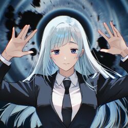  1girl absolute_cinema_(meme) arms_up black_jacket black_necktie blazer blue_background blue_eyes blue_hair breasts closed_mouth collared_shirt danraz0r highres jacket jujutsu_kaisen long_hair looking_at_viewer meme miwa_kasumi necktie open_hands shirt solo suit upper_body very_long_hair white_shirt 
