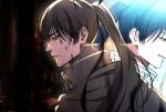  2boys absurdres black_cloak black_clover black_hair blue_eyes cloak collared_shirt high_ponytail highres long_hair looking_down male_focus morgen_faust multiple_boys nacht_faust parted_lips shirt siblings sosuke_ppp twins 