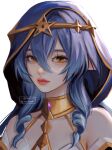  1girl bare_shoulders blue_hair blue_hood close-up closed_mouth dress drill_hair drill_sidelocks gem genshin_impact gold_choker gold_trim hair_between_eyes highres hood hood_up jewelry layla_(genshin_impact) long_eyelashes long_hair looking_at_viewer pink_lips pointy_ears portrait purple_gemstone ringlets sidelocks silphori simple_background sleeveless sleeveless_dress solo strapless white_background yellow_eyes 