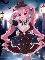  1girl absurdres artist_request bat_(animal) black_hat blue_bow blue_bowtie blue_dress bow bowtie chinese_commentary city collared_shirt commentary_request cowboy_shot dress drill_hair food_print frilled_dress frilled_shirt_collar frills gingerbread_man gloves hair_bow hair_ornament hand_on_own_head hat hat_bow highres knees lantern layered_dress light_blush light_particles lolita_fashion long_hair magic_hour_(shining_nikki) magician medium_dress night nikki_(nikki) nikki_(series) open_mouth outdoors path pink_eyes pink_hair pleated_skirt pom_pom_(clothes) pom_pom_hair_ornament puffy_short_sleeves puffy_sleeves rabbit_on_shoulder red_bow red_bowtie red_dress second-party_source shining_nikki shirt shirt_under_dress short_sleeves single_stripe skirt smile solo standing striped_bow striped_bowtie striped_clothes swept_bangs tareme top_hat twin_drills twintails two-tone_bow two-tone_bowtie two-tone_dress very_long_hair waist_bow wavy_hair white_gloves white_shirt yellow_bow yellow_bowtie 