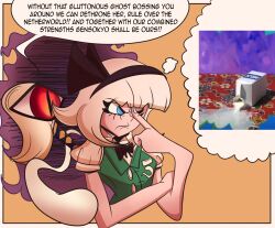  1girl absurdres black_bow black_bowtie black_hairband blue_eyes bow bowtie closed_mouth commentary english_commentary english_text finger_to_face frown green_vest hairband highres konpaku_youmu orange_background puffy_short_sleeves puffy_sleeves shirt short_hair short_sleeves snoozyav solo spilled_milk spongebob_squarepants_(series) touhou upper_body v-shaped_eyebrows vest whispered_oracle_of_hakurei_shrine white_hair white_shirt 