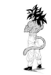  1boy absurdres artist_name biceps black_hair body_fur dougi dragon_ball fenyon full_body greyscale highres long_hair male_focus monkey_boy monkey_tail monochrome muscular muscular_male pants saiyan simple_background smile smirk solo son_goku spiky_hair standing super_saiyan super_saiyan_4 tail white_background 