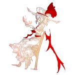  1girl chair closed_eyes closed_mouth cup frilled_shirt frills from_side full_body hat hat_ribbon holding holding_cup mob_cap on_chair red_ribbon remilia_scarlet ribbon shirt simple_background sitting solo teacup touhou white_background white_headwear white_shirt yoshioka_yoshiko 