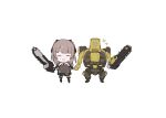  1girl armored_core armored_core_6 chainsaw chibi closed_eyes dee_(fire2332) hair_ornament highres holding holding_hands holding_weapon honest_brute mecha milk_tooth_(armored_core_6) nanami:_pulse_(punishing:_gray_raven) nanami_(punishing:_gray_raven) open_mouth punishing:_gray_raven robot simple_background smile sparkle weapon 