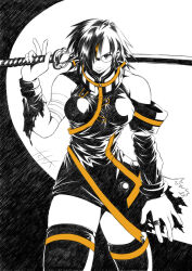 2011 bare_shoulders black_and_white dress glasses holding_weapon katana phantasy_star phantasy_star_online red_ring_rico short_hair thighhighs torn_clothes zettai_ryouiki