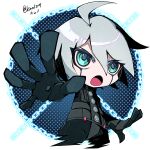  1boy ahoge android blue_eyes chain chibi danganronpa_(series) danganronpa_v3:_killing_harmony facial_mark hair_between_eyes k1-b0 kino124 male_focus open_mouth outstretched_arm power_armor round_image short_hair twitter_username white_background 