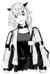  1girl arknights breasts choker collarbone greyscale head_tilt horns inu_to_milk jacket long_sleeves medium_breasts monochrome open_clothes open_jacket parted_lips pointy_ears puffy_long_sleeves puffy_sleeves shirt simple_background skirt solo vanilla_(arknights) white_background 