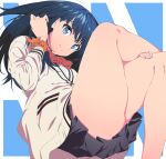  1girl bare_legs black_skirt blue_background blue_eyes blue_hair cardigan commentary crossed_legs feet_out_of_frame gridman_universe hand_on_own_leg highres legs long_sleeves looking_at_viewer medium_hair school_uniform semham simple_background sitting skirt smile solo ssss.gridman takarada_rikka thick_thighs thighs wrist_cuffs yellow_cardigan 