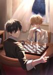  2boys absurdres black_hair black_shirt board_game bookshelf brown_hair chair chess chessboard curtains elbows_on_table hair_over_one_eye highres indoors isshiki_totomaru kamonohashi_ron kamonohashi_ron_no_kindan_suiri male_focus multiple_boys open_window shirt sitting stardust_notes sweat table thinking v white_shirt window 