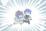  1boy 1girl 25-ji_kaito anger_vein artist_name asahina_mafuyu blue_cardigan blue_hair brown_pants cardigan chibi commentary_request crying frown grey_pants grey_shirt highres kaito_(vocaloid) long_hair neck_ribbon pants ponytail project_sekai punching purple_hair red_ribbon ribbon sa-fu_(sfmk39) shirt short_hair suspenders tearing_up vocaloid 