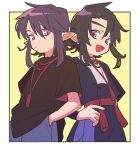  2boys belt black_hair black_shirt blue_pants border character_request closed_mouth highres looking_at_viewer luo_xiaohei_zhanji multiple_boys nploser open_mouth outside_border pants pointy_ears purple_hair red_belt shirt short_sleeves sidelocks smile tassel upper_body violet_eyes white_border 