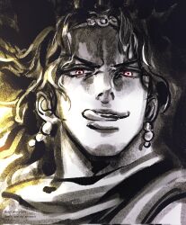  1boy battle_tendency earrings highres jewelry jojo_no_kimyou_na_bouken kars_(jojo) licking_lips limited_palette long_hair male_focus pink_eyes santamanymany scarf smile solo tiara tongue tongue_out 
