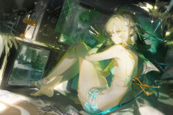  1girl aa-12_(girls&#039;_frontline) absurdres bare_shoulders blonde_hair blue_eyes girls&#039;_frontline_neural_cloud girls_frontline highres lind_(neural_cloud) medicine_bottle plant ruoganzhao scissors short_hair sitting 