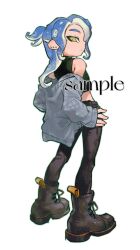  1boy black_boots black_pants blue_hair boots commentary_request crop_top ear_piercing grey_jacket hand_on_own_hip highres jacket jacket_partially_removed long_hair looking_at_viewer looking_back male_focus octoling octoling_boy octoling_player_character pants piercing sakanako sample_watermark simple_background solo splatoon_(series) splatoon_3 standing tentacle_hair watermark white_background yellow_eyes 