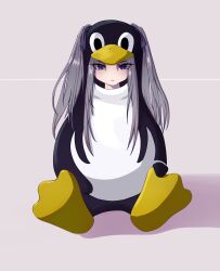  1girl absurdres animal_costume animal_hood blue_eyes blue_ribbon closed_mouth cosplay frown grey_background grey_hair hair_ribbon hair_through_hood hand_on_own_leg highres hood hood_up linux long_hair looking_at_viewer nemusoma no_nose on_floor original penguin_costume penguin_hood ribbon russian_commentary shadow sitting solo tsurime tux twintails 