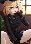  black_gloves blonde_hair breasts gloves highres jiseki_rena large_breasts looking_at_viewer medium_hair military military_uniform nazi original red_eyes rena_(jiseki_rena) soldier uniform 