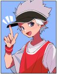  1boy blue_background blue_eyes blush border hand_up highres index_finger_raised luo_xiaohei_zhanji notice_lines nploser open_mouth pointy_ears red_shirt shirt short_sleeves simple_background sleeveless sleeveless_shirt smile solo visor_cap white_border white_hair white_shirt wristband yi_feng_(the_legend_of_luoxiaohei) 