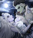  2girls ais_illust bat_(animal) black_hair black_tears bride castle choker clouds colored_skin cosplay dancing dried_tears frankenstein&#039;s_monster frankenstein&#039;s_monster_(cosplay) full_moon green_skin halloween highres jewelry lipstick makeup mascara moon multiple_girls necklace night night_sky pearl_necklace purple_skin red_lips sky sombra_(overwatch) stitched_face stitches tears undead white_hair widowmaker_(overwatch) 