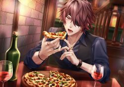  1boy alcohol blush bottle bracelet brown_hair character_request eating eyepatch food highres holding holding_food holding_pizza iritani_ryouya jewelry male_focus multiple_rings orange_eyes piofiore_no_bansho pizza pizza_slice red_wine ring short_hair wine 