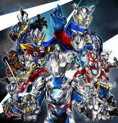  5boys alien arm_cannon armor beliarok black_armor black_skin blue_armor blue_cape blue_eyes blue_gemstone blue_skin blurry blurry_background breastplate brown_armor cape claw_pose clenched_hands collarbone color_timer colored_skin commentary compound_eyes cropped_torso crystal curled_fingers doppelganger dorsal_fin eye_slugger fighting_stance forehead_jewel full_armor gem gleam glowing glowing_eyes green_eyes green_gemstone hands_up hanejidyna86 highres holding holding_sword holding_weapon horns jugglus_juggler katana king_joe_storage_custom looking_ahead looking_at_viewer male_focus mecha multicolored_skin multiple_boys multiple_forms muscular muscular_male orange_skin outstretched_arm outstretched_hand pectorals pointy_ears purple_skin red_skin robot scar scar_on_chest sevenger shoulder_armor shoulder_pads silver_armor silver_skin single_horn sword tokusatsu toned toned_male twitter_username ultra_series ultraman_ace ultraman_geed ultraman_geed_(galaxy_rising) ultraman_z ultraman_z_(alpha_edge) ultraman_z_(beta_smash) ultraman_z_(delta_rise_claw) ultraman_z_(gamma_future) ultraman_z_(original) ultraman_z_(series) ultraman_zero ultroid_zero upper_body weapon white_eyes windom wrinkled_skin yellow_eyes 