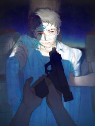  1boy 3others bandage_on_face bandaged_arm bandages brown_eyes brown_hair collared_shirt gun gundam gundam_hathaway's_flash handgun hathaway_noa highres holding holding_gun holding_weapon imminent_death jacket looking_at_viewer male_focus military_jacket military_uniform multiple_others muyuer011 pov pov_hands shirt short_hair solo_focus weapon white_shirt 