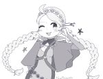  1girl ;o absurdres ahoge belt braid capelet facing_viewer fire_emblem fire_emblem_fates greyscale hairband harness highres holding holding_key hood hooded_capelet ju1cyp1neapple key keyring looking_to_the_side low_twin_braids monochrome nina_(fire_emblem) o-ring o-ring_harness one_eye_closed open_mouth parted_bangs smile twin_braids 