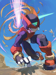  1boy armor blonde_hair dodging energy_sword forehead_jewel full_body helmet highres holding holding_sword holding_weapon long_hair male_focus mega_man_(series) mega_man_zero_(series) motion_blur omochi_(mochi_skymega) red_armor red_helmet solo sword weapon z_saber zero(z)_(mega_man) zero_(mega_man) 