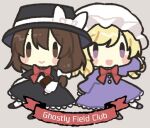 2girls black_capelet blonde_hair bow brown_eyes brown_hair capelet chibi closed_mouth collared_shirt dress english_text fedora ghostly_field_club hat hat_bow hat_ribbon kagome_f long_sleeves maribel_hearn mob_cap multiple_girls necktie no_headwear open_mouth puffy_sleeves purple_dress ribbon shirt short_hair short_ponytail side_ponytail simple_background touhou usami_renko violet_eyes white_bow white_headwear white_shirt 