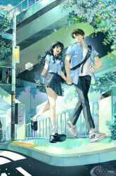  1boy 1girl black_bow black_bowtie black_eyes black_hair black_pants black_shoes black_skirt blue_shirt bow bowtie breasts brown_eyes building closed_mouth commentary commission_914 couple day earrings english_commentary hetero highres holding holding_hands holding_notebook jewelry light_particles long_hair looking_at_another medium_breasts notebook open_clothes open_mouth open_shirt original outdoors pants pedestrian_lights pleated_skirt raised_curb road road_sign scenery school_uniform shirt shoes short_hair sidewalk sign skirt sky socks street stud_earrings tree walking white_shirt white_sneakers white_socks 
