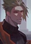  1boy achilles_(fate) black_shirt brown_eyes closed_mouth fate/apocrypha fate_(series) green_hair grey_background haruakira heterochromia highres looking_to_the_side male_focus orange_sash red_eyes shirt sideburns solo turtleneck undercut upper_body 