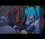  1boy 1girl absurdres artist_name blue_eyes car_interior closed_eyes closed_mouth death_grips detached_sleeves driving english_text expressionless facial_hair grey_shirt hair_between_eyes hand_on_own_head hatsune_miku highres long_hair mc_ride necktie number_tattoo parody real_life_insert sainttufa screaming seatbelt shirt sitting steering_wheel tattoo twintails very_long_hair vocaloid 