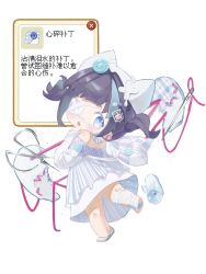  1girl absurdres animal_ear_headwear animal_ears aqua_hair bandaged_leg bandages beanie black_hair blue_eyes bow broken_heart buttons cat_ears chibi chinese_commentary chinese_text commentary_request crossed_bandaids dress earrings esseling_(infinity_nikki) fafo_shucaitang fake_animal_ears footwear_bow hair_ornament hat heart highres infinity_nikki jewelry kneepits leg_up long_dress looking_at_object looking_back multicolored_hair needle nikki_(series) off-shoulder_dress off_shoulder plaid_clothes plaid_dress quirky_idea_(infinity_nikki) sad_sack_(infinity_nikki) scissors sewing_needle shoe_loss short_hair simple_background slippers solo streaked_hair striped_clothes striped_dress surprised syringe_hair_ornament thread translation_request two-tone_hair two_side_up vertical-striped_clothes vertical-striped_dress white_background white_bow white_dress white_hat white_slippers window_(computing) 