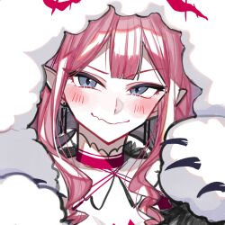  1girl baobhan_sith_(fate) baobhan_sith_(swimsuit_pretender)_(first_ascension)_(fate) blush cernunnos_(fate) character_hood detached_collar earrings euhage73 fate/grand_order fate_(series) grey_eyes headwear_with_attached_mittens highres jewelry long_hair pink_hair pointy_ears portrait sidelocks smile solo 