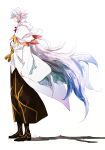  1boy black_footwear brown_pants fate/grand_order fate_(series) full_body heeparang highres hood hood_down light_blush long_hair long_sleeves looking_at_viewer male_focus merlin_(fate) pants robe simple_background solo very_long_hair white_background white_hair white_robe 