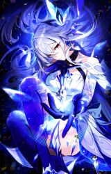  1girl bare_shoulders crossed_bangs dress floating_hair genshin_impact grey_hair hair_between_eyes hair_ornament high_heels highres kazari_tayu long_hair parted_lips prosthesis prosthetic_arm prosthetic_leg reaching reaching_towards_viewer red_eyes skirk_(genshin_impact) solo very_long_hair white_dress 