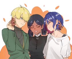  1girl 2boys bindi black_hair black_shirt blonde_hair blue_eyes blue_hair blush char_aznable closed_eyes colored_inner_hair dark-skinned_female dark_skin green_jacket gundam gundam_gquuuuuux hair_over_one_eye hair_rings highres jacket lalah_sune long_sleeves multicolored_hair multiple_boys open_mouth purple_hair shirouzu_(gundam) shirt short_hair shuji_ito smile turtleneck two-tone_hair upper_body white_shirt yanjiayi15642 