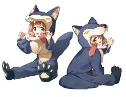  1girl :d animal_costume animal_ear_fluff animal_ears animal_hands brown_eyes brown_hair claw_pose cosplay diamond_mouth dot_nose fake_claws from_side hands_up highres hood hood_up invisible_floor keibi_inu kigurumi long_sleeves looking_at_viewer multiple_views ogawa_kokoro oomuro-ke open_mouth paw_shoes simple_background sitting smile solo tail teeth white_background wolf_costume wolf_tail yuruyuri 