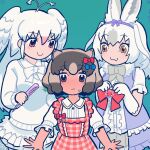  3girls :3 animal_ears bird_wings blue_bow blush bow bowtie brown_eyes brown_hair center_frills collared_shirt comb common_wombat_(kemono_friends) dress embarrassed frilled_dress frilled_sleeves frills fur_collar gloves hair_bow head_wings height_difference highres inada_roku kemono_friends kemono_friends_3 light_brown_hair long_hair long_sleeves multicolored_hair multiple_girls official_alternate_costume orange_eyes plaid plaid_dress pleated_skirt purple_bow purple_dress rabbit_ears rabbit_girl red_bow red_dress redhead shirt short_hair short_sleeves skirt snowshoe_hare_(kemono_friends) sweatdrop sweater two-tone_hair white_bow white_bowtie white_fur white_gloves white_hair white_peafowl_(kemono_friends) white_skirt white_sweater wings 