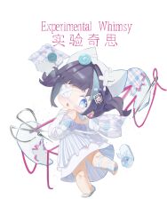  1girl absurdres animal_ear_headwear animal_ears aqua_hair bad_link bandaged_leg bandages beanie bilingual_text black_hair blue_eyes bow broken_heart buttons cat_ears character_name chibi chinese_commentary chinese_text commentary_request crossed_bandaids dress earrings english_text esseling_(infinity_nikki) fafo_shucaitang fake_animal_ears footwear_bow hair_ornament hat heart highres infinity_nikki jewelry kneepits leg_up long_dress looking_at_object looking_back mixed-language_text multicolored_hair needle nikki_(series) off-shoulder_dress off_shoulder plaid_clothes plaid_dress quirky_idea_(infinity_nikki) sad_sack_(infinity_nikki) scissors sewing_needle shoe_loss short_hair simple_background slippers solo streaked_hair striped_clothes striped_dress surprised syringe_hair_ornament thread translation_request two-tone_hair two_side_up vertical-striped_clothes vertical-striped_dress white_background white_bow white_dress white_hat white_slippers 