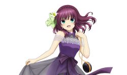  1girl :d alternate_costume alternate_hairstyle angel_beats! artist_request bag bare_shoulders blunt_bangs blush bow braid collared_dress cowboy_shot crown_braid dress dress_bow earrings floating_hair flower formal_clothes green_bow green_eyes hair_bow hair_flower hair_ornament hand_up handbag happy highres jewelry lily_(flower) looking_at_viewer medium_hair nail_polish nakamura_yuri necklace official_art open_mouth purple_bow purple_dress purple_hair simple_background skirt_hold sleeveless sleeveless_dress smile solo transparent_background white_flower white_lily yellow_nails 