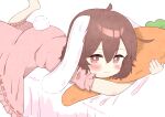  1girl absurdres ahoge animal_ears barefoot blush bright_pupils brown_eyes brown_hair carrot_pillow closed_mouth double-parted_bangs dress feet_out_of_frame feet_up floppy_ears hair_between_eyes highres hugging_object inaba_tewi light_smile lying on_bed on_stomach pillow pillow_hug pink_dress puffy_short_sleeves puffy_sleeves rabbit_ears rabbit_tail short_hair short_sleeves simple_background solo tail tail_through_clothes tewiyu touhou white_background white_pupils 