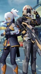 long_hair multiple_girls rifle short_hair soldier_11_(zenless_zone_zero) sword trigger_(zenless_zone_zero) trigger_discipline visor zenless_zone_zero