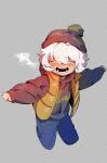  1boy arms_at_sides beanie blue_pants blush closed_eyes grey_background hat highres hood hood_down hoodie long_sleeves luo_xiaohei luo_xiaohei_zhanji nploser open_mouth pants puffy_long_sleeves puffy_sleeves red_hoodie simple_background solo vest white_hair yellow_vest 