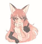  1girl animal_ears black_gloves blush bow bowtie brown_eyes elbow_gloves extra_ears fox_ears fox_girl gloves highres kemono_friends kuromitsu_(9633_kmfr) long_hair looking_at_viewer necktie red_fox_(kemono_friends) redhead shirt simple_background solo straight_hair upper_body 