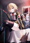  absurdres black_gloves blonde_hair breasts commission corruption dark_persona fang fangs gloves highres jiseki_rena large_breasts looking_at_viewer medium_hair military military_uniform original pixiv_commission red_eyes soldier thighs uniform vampire 