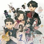  ... 1girl 2boys :d ace_attorney arm_behind_back ascot bangs_pinned_back black_coat black_eyes black_gloves black_hair black_vest blue_bow blue_bowtie blue_eyes bow bowtie buttons chuunosuke_(ace_attorney) closed_eyes coat collared_shirt dress english_text frilled_ascot frills gloves hair_ribbon hair_rings highres instrument kazuma_asogi kumaris lapels long_dress multiple_boys musical_note nyan_zieks nyasogi open_mouth pink_scarf red_ascot ribbon ryunosuke_naruhodo scarf shirt short_hair sleeve_cuffs smile spiky_hair spoken_ellipsis staff_(music) strapless strapless_dress susato_mikotoba tailcoat tambourine the_great_ace_attorney trumpet updo upper_body usalock usato_(ace_attorney) v-shaped_eyebrows vest white_dress white_gloves white_ribbon white_shirt xinjinjumin7559993 