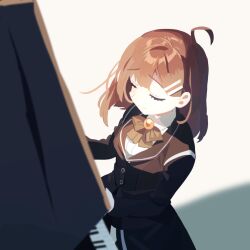  1girl absurdres ahoge bow bowtie brown_coat brown_dress brown_hair closed_eyes coat collared_shirt dress green_bow green_bowtie hair_ornament hairclip highres hod_(project_moon) instrument library_of_ruina long_hair long_sleeves music playing_instrument playing_piano project_moon realtawil shirt simple_background solo upper_body white_background white_shirt 