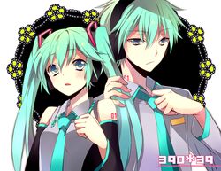  aqua_hair bad_id detached_sleeves genderswap hatsune_miku hatsune_mikuo headphones long_hair necktie ponjiritsu rittu twintails vocaloid 